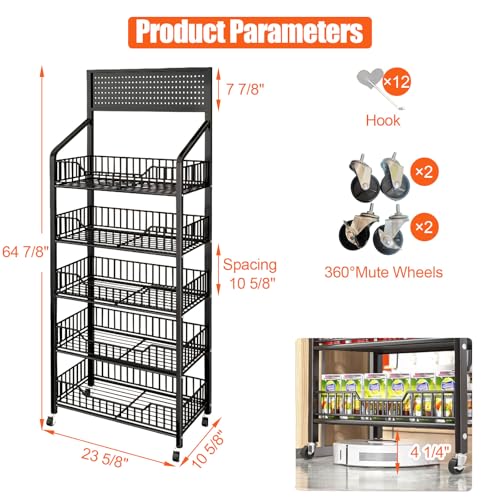 5 Tier Supermaket Snack Rack Display Stand, Free-Standing Black Retail Display Shelves with 12 Hooks & 4 Wheels, Large Metal Snack Shelf for Store Business - color: Black, size: 5-Tier – 64 7/8" H