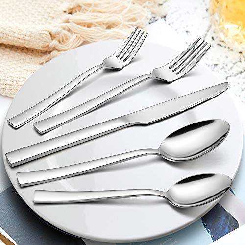LIANYU 60-Piece Silverware Set with Organizer Tray, Stainless Steel Square Flatware Cutlery Set for 12, Tableware Eating Utensils for Home Restaurant, Dishwasher Safe, Mirror Polished - color: Silver