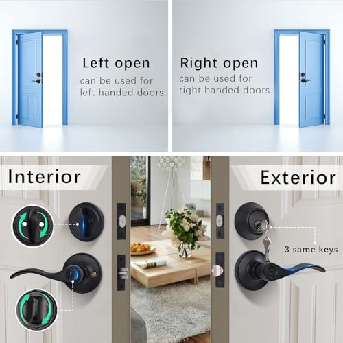 (1 Pack) Keyed Alike Front Door Lever Lockset with Single Cylinder Deadbolt Combination Set, Wave Style Lever, Front Door/Exterior Door Knob with Lock and Deadbolt, Classic Matte Black Finished - color: Black Keyed Alike 1DB, style: 1
