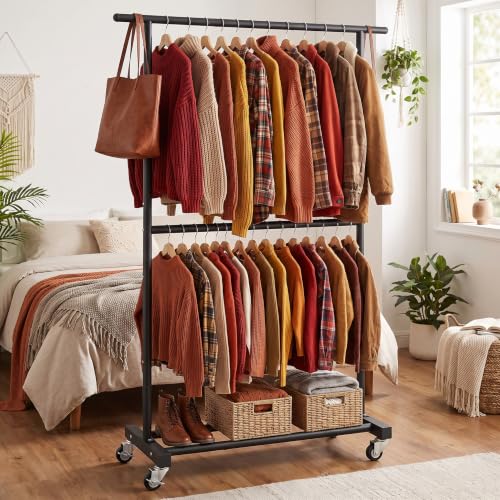 Sywhitta Double Rod Metal Clothing Garment Rack on Wheels, Black - color: Black, size: No mesh