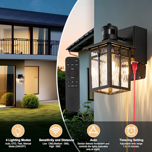 Porch Light with GFCI Outlet with Remote,Dusk to Dawn Motion Sensor Outdoor Light,Upgraded 4 Lighting Modes Black Front Door Light,Waterproof Outside Lights for House Patio Garage Entryway, 2 Pack - color: Black (with Remote) 2-Pack