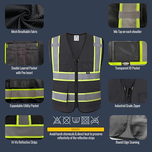 JKSafety Safety Vest for men women Hi Vis Vest with Pockets and Zipper High Visibility Reflective Vests BX320 - color: Black, size: XX-Large