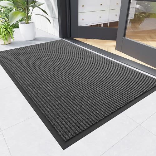 Front Door Mat, 3' x 4' Heavy Duty Indoor Outdoor Door Mat for Entryway, Commercial Door Mats Entrance, Low Profile Welcome Mats Non-Slip, Durable Rubber Backing Entry Mat for Patio, Home - color: Gray-stripe, size: 3' x 4' (Rectangular)
