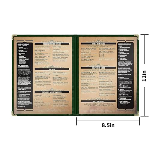 Goodsmart Restaurant Menu Covers - 25 Pack Green2-Page/4-View 8.5" x 11", Side-Loading Vinyl Menu Holders, Clear Sleeves, Double-Stitched Edge, Leather-Style Café Menu Covers with Gold Corners - color: Green, size: 2 Pages / 4 Views - 8.5" x 11"