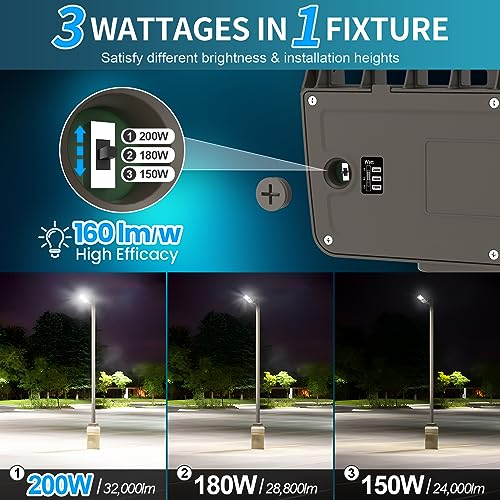 AKK LED Parking Lot Light 200W 180W 150W Adjustable, 32000LM 160LM/W 5000K, Dimmable Shoebox Area Light with Photocell, IP65 ETL 100-277V Arm & Slip Fitter Mount for Driveways, Warehouses & Streets - size: 200W/180W/150W Switchable