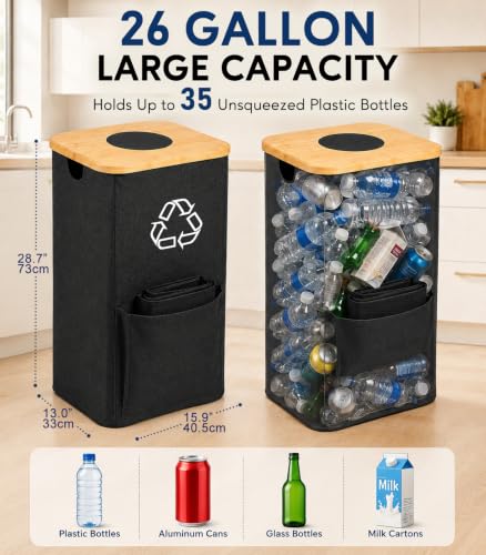 Recycling Bin for Kitchen with Bamboo Lid (Black) - color: Black