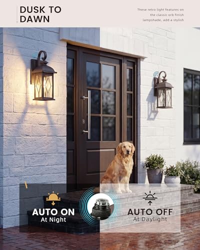 FEMILA Dusk to Dawn Outdoor Wall Light Fixtures, 15" Exterior Waterproof Wall Sconce, Front Porch Lights, ORB Finish with Hammered Glass, E26, UL Listed, 4FD54B-PC ORB-SD - color: ORB, Lozenge Pattern, size: 15", Dusk to Dawn