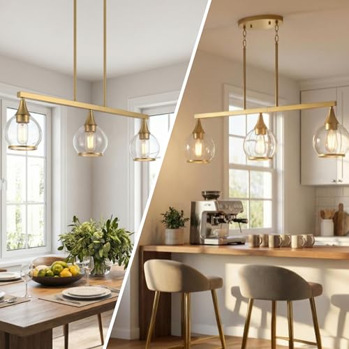 Phaosio Brushed Gold Kitchen Island Linear Pendant Light, 3-Light, E26 Base - color: Gold, size: 3-Light