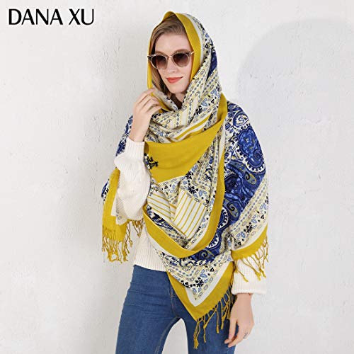 DANA XU 100% Merino Wool Extra Large Pashmina Shawl for Women - color: Yellow Blue Mosaic
