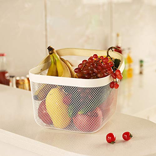 AJIODA Metal Mesh Steel Basket, Storage Organizer Basket Multi-functional Hanging Kitchen Baskets Fruit Basket Bin with Bamboo Handle for Kitchen Bathroom Picnic Shopping Decor Cabinet Home, White - color: White
