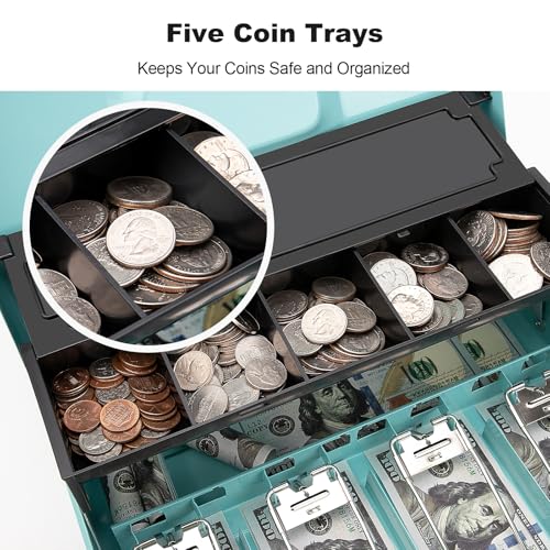 Cash Box with Snap Latch Combination Lock and Sliding Coin Lid, Secure Cash Box with Money Tray and Lock, Durable Safe Money Box for Home and Office,Teal,11.8"L x 9.5"W x 3.5"H - color: Robin's Egg