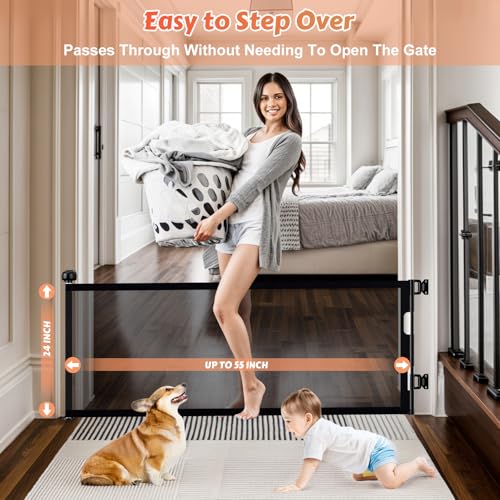 24" Tall Retractable Baby Gates to Step Over, Short Dog Gates Pet Gate for Puppies Small Dogs, 0-55" Wide Adjustable Mesh Baby Gate for Doorways and Stairs, Indoor/Outdoor Use, Black - color: Black, size: 24" Tall x 55" Wide