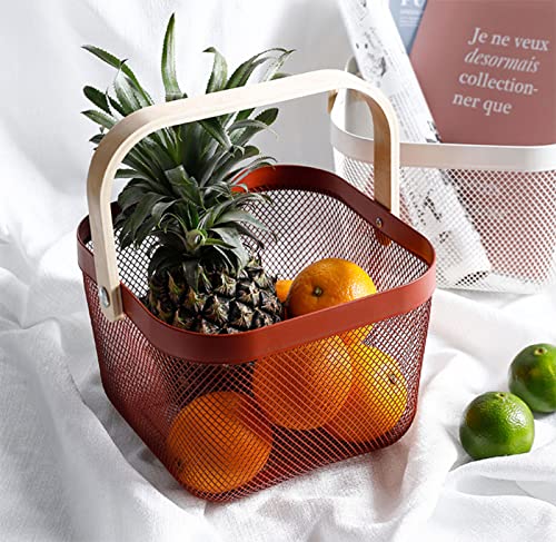 AJIODA Metal Mesh Steel Basket, Storage Organizer Basket Multi-functional Hanging Kitchen Baskets Fruit Basket Bin with Bamboo Handle for Kitchen Bathroom Picnic Shopping Decor Cabinet Home, Red - color: Red