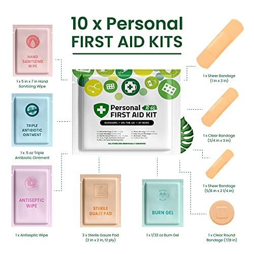 Personal First Aid Kit- 10 Pack | Clean, Treat, Protect Minor Cuts, Scrapes and Burns | Perfect for Home, Office, Car, School, Business, Camping | Individually Wrapped First Aid Products (Green)