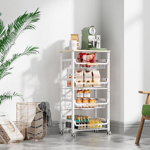 NiuYichee 5-Layer Fruit Basket Kitchen Food Storage Organizer and Storage Rack, Stackable Storage cart with Desktop, Pull-Out Hollow Metal Storage Basket, Wheeled Sorting Rack Spice Rack - color: White 5-layer Rack