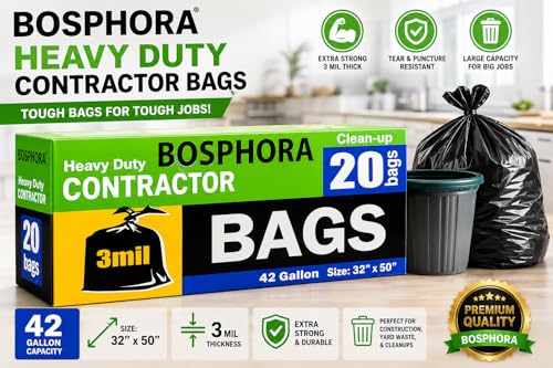 3 Mil Contractor Bags – Heavy Duty 20 Count Large Trash Bags – Tear & Puncture Resistant Garbage Bags for Construction, Yard, Industrial Use 32" x 50", 42 Gallon