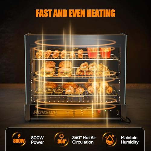 ROVSUN 26" Commercial Food Warmer Display Pizza Warmer, 3-Tier Electric Countertop Food Warmer w/LED Lighting Adjustable Removable Shelves Glass Door, Pretzel Warmer for Buffet Restaurant, Silver - color: Silver, size: 26" Length