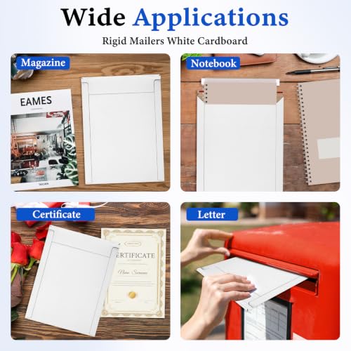 Packbabol 100 Pack White Rigid Mailers, 9"x12" Self Seal Document Mailer Stay Flat Cardboard Mailers Shipping Envelopes for Mailing Semi-Rigid and CD,Photos,Document - size: White 9"x12"-100Pc