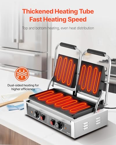 VEVOR Commercial Panini Grill, 3600W Electric Sandwich Panini Maker, Stainless Steel Double Sandwichs Press with Handle and Temp Control, 19x9 in Full Grooved Enamel Plate, for Hamburger Steak Bacon