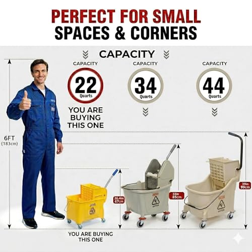 Matthew Cleaning 22 Quart Compact Mop Bucket INCL.2 Pack Mop Head with Side Press Wringer On Wheels,Tandem Portable Floor Cleaning Wavebrake,Ideal for Household,Industrial,Restaurant,Janitorial Use - color: Yellow, size: 22 Quart (Side Press Wringer)