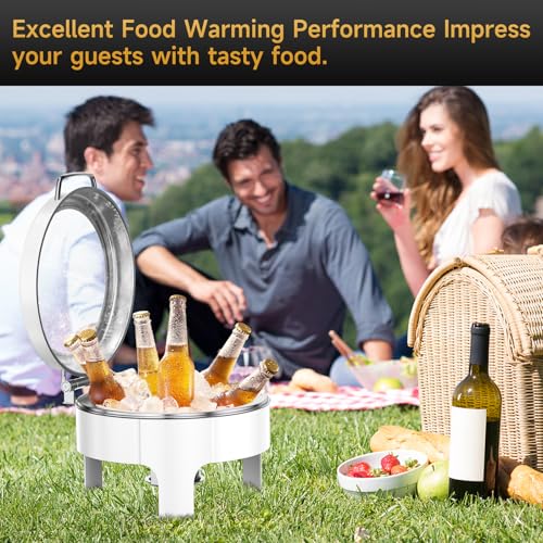 Chafing Dishes for Buffet, 6QT Round Stainless Steel Chafing Dish with Transparent Hydraulic Lid, 304 Food Pan, Buffet Warmer for Parties and Events (White) - color: White