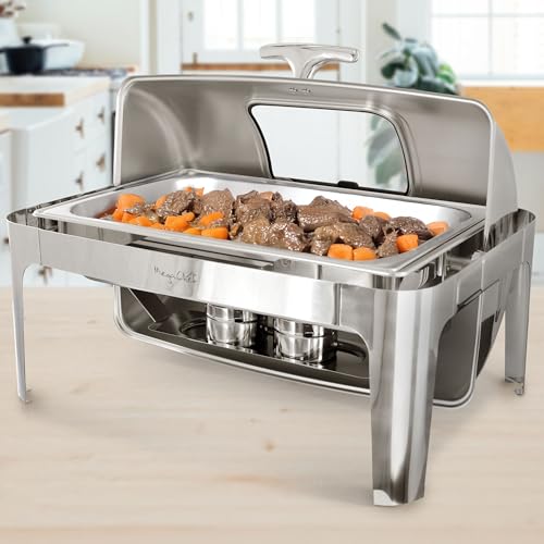 MegaChef 9.5 Quart Oblong Roll Top Stainless Steel Professional Kitchen Chafing Dish/Food Warmer/Buffet Server Serving Trays for Entertaining, Catering, Large Gatherings (9.5 Quart w/Window) - size: 9.5 Quart w/ Window