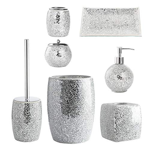 WHOLE HOUSEWARES Modern Toilet Brush Set (Silver) - Glass Mosaic Bathroom Accessory with Sturdy Bristles and Holder - color: Silver