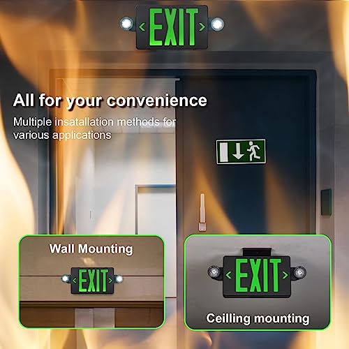 GZRUIYANG Black Housing Exit Sign with Emergency Lights Green, LED Emergency Exit Light with Battery Backup, UL 924 Certified, AC 120/277V, Commercial Emergency Lights Combo for Business - 1 Pack - color: Black Housing Green Letter, size: 1 Pack