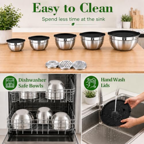 8PCS Mixing Bowls with Lids Set - 5 Nesting Mixing Bowls, 3 Grater Attachments, Lids, Stainless Steel Mixing Bowls for Mixing & Serving, Size 1.5/2.1/3.5/4/4.5 QT, Black - color: 8PCS Black Mixing Bowl Set