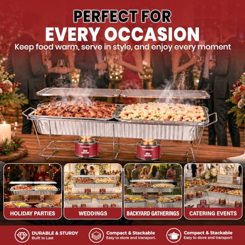 Disposable Chafing Dish Buffet Set, 33 Piece of Chafing Servers with Food Warmers, Covers, Full-Size Food Pans, Water Trays, Serving Utensils, Foil Lids and 4Hr Fuel Cans for Parties, Catering