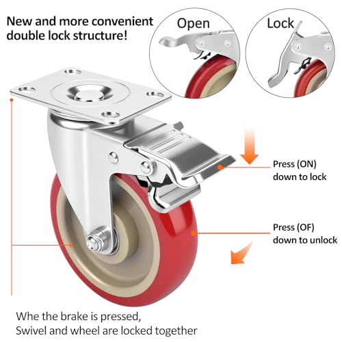 5 Inch Industrial Heavy Duty Swivel Caster Wheels with Brake,Set of 4 Safety Locking Casters,Load 2400lbs,Premium Polyurethane Wheels for Table,Trailer,Saw Table,Stage Toolbox,Bed,Corn Board - color: Red, size: 5inch