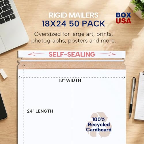 BOX USA Rigid Mailers 18" x 24" (50-Pack) - Cardboard Mailer Envelopes for Oversized Posters, Artwork, Blueprints - Stay Flat - size: 18" x 24" (50-Pack)