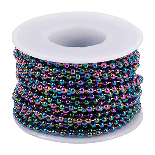 Craftdady Rainbow Steel Ball Bead Chain 32 Feet 3 mm Multicolor Round Beaded Link Cable Chains with Roll Spool for Necklace Choker Bracelet Earring Jewelry Making - color: Multi-Color
