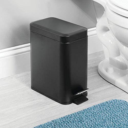 mDesign Small Modern 1.3 Gallon Rectangle Metal Lidded Step Trash Can, Compact Garbage Bin with Removable Liner Bucket and Handle for Bathroom, Kitchen, Craft Room, Office, Garage - Black - color: Black, size: 1.3 Gallon