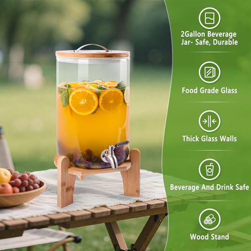 2 Gallon Drink Dispenser, Glass Beverage Dispenser with Wood Stand, Lemonade Dispenser with Airtight Valve and Stainless Steel Spigot Fruit Infuser, Thick Drink Dispenser for Parties Restaurants - size: 2 Gallon(8L)