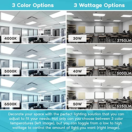 LUXRITE 2x4 FT LED Drop Ceiling Light Fixture, 30/40/50W, 3 Color Selectable 4000K-6500K, Backlit Panel Lights, 3750/5000/6250 Lumens, 0-10V Dimmable, 100-277V, Prismatic Anti-Glare, ETL DLC (2 Pack)