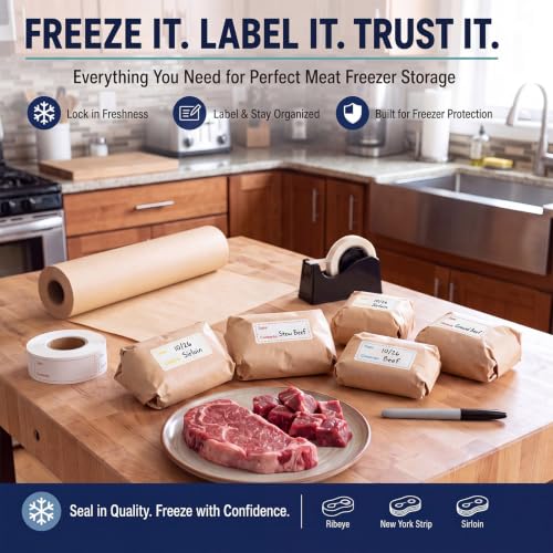 Resurhang Freezer Paper Roll 17in x 300ft, Freezer Tape Dispenser with 3 Rolls Tape, Food Labels, Markers, Low Temperature Resistance for Refrigerators Food Storage Organization(Brown) - color: Brown