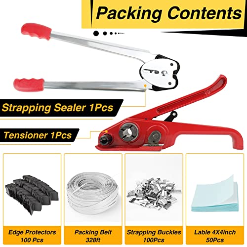 Box Packing Strapping Tool, Manual Sealer Heavy Duty Poly Strapping Tensioner Cutter Tool Kits for 1/2"-3/4" Wide Strap with 328ft Straps & 100 Buckles 50 Label 100 Edge Protectors