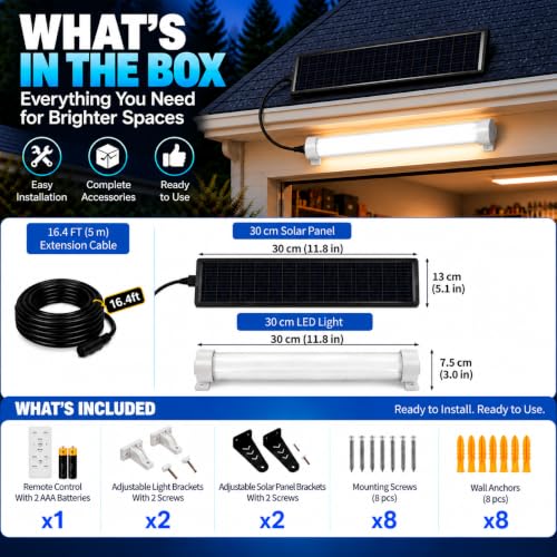 MMKT Solar Shop Shed Light, Warm White Adjustable Solar LED Shop Lights with Dusk to Dawn Motion Sensor,IP65 Waterproof Lighting for Garage Barn Patio Parking - size: 1FT