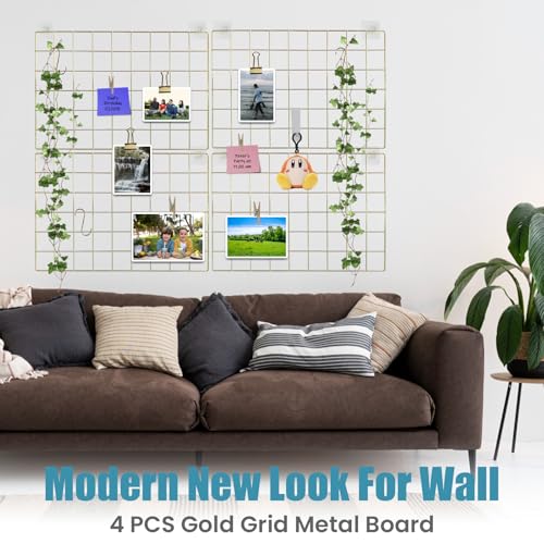 CIKLCIX Wire Wall Grid Panel Set of 4, Photo Display Board & Memo Board - color: Gold, size: 4 Pack