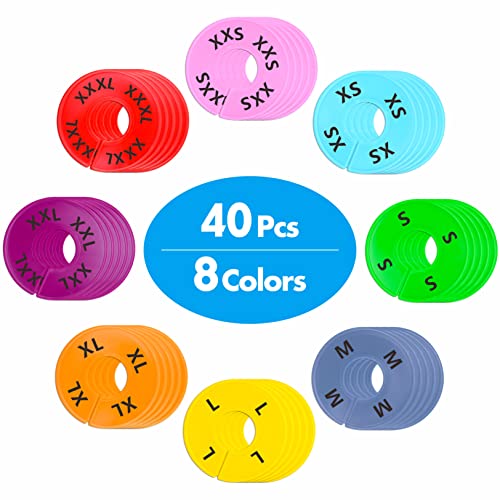 40 Pack Round Colorful Plastic Clothing Size Closet Rack Dividers Hangers, 8 Assorted Colors, Preprinted in 8 Sizes XXS, XS, S, M, L, XL, XXL, XXXL (Outer 3.5”, Inner Diameter 1.38”) - color: 40 Pack/Colour-printed