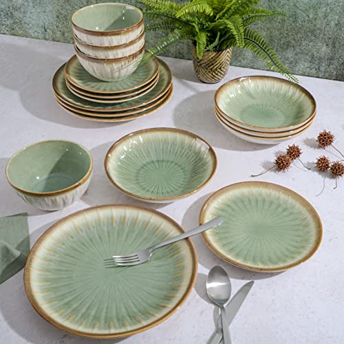 Gibson Elite Mayfair Bay 16-Piece Embossed Double Bowl Dinnerware Set, Service for 4 – Green Stoneware Plates and Bowls - color: Light Green (Mayfair Bay)