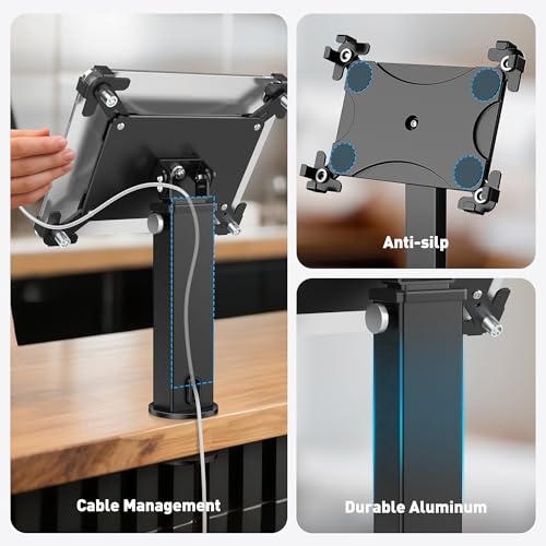 AboveTEK iPad Desk Grommet Mount, Adjustable Tablet Desk Mount with 360° Rotation & 180° Tilt, Fits 9.7"-13" Tablets, Anti-Theft iPad Stand, Heavy-Duty Aluminum Tablet Stand, Perfect for Work - color: Black