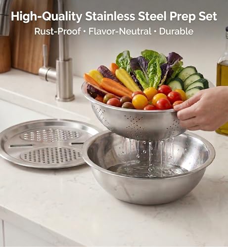 3 Pcs Multifunctional Stainless Steel Grater Bowl Set, 30 cm/11.8 in Large Mixing Basin, Colander for Kitchen Food Prep, Versatile Grater Lid, Induction Cooktop Compatible