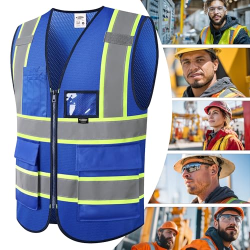 JKSafety Safety Vest for men women Hi Vis Vest with Pockets and Zipper High Visibility Reflective Vests BX320 - color: Blue, size: Large