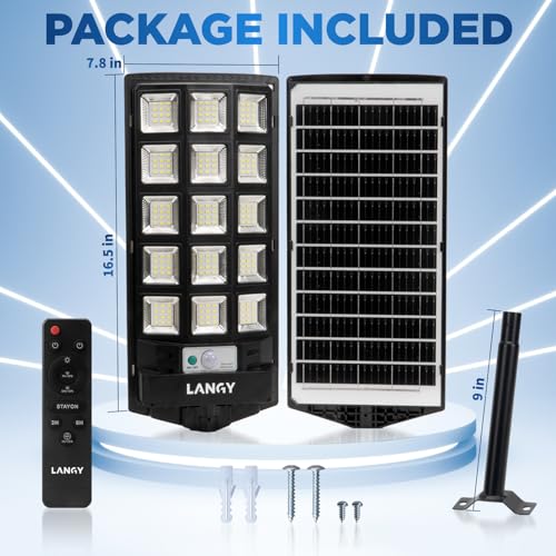 LANGY Solar Street Lights Outdoor 4 Pack, 30000LM 6500K Motion Sensor Dusk to Dawn, IP66 Waterproof LED Flood Security Lights with Remote Control for Parking Lot, Driveway, Garden, Yard - size: 4PACK 30000LM