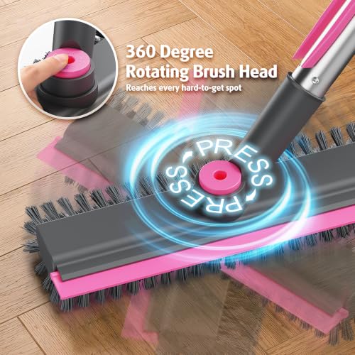 AIR U+ Floor Scrub Brush with Long Handle, 4 in 1 Floor Scrubber & Squeegee - color: Gray and Pink