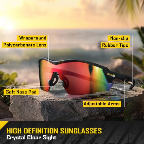 COOLJOB Safety Sunglasses with Tinted Wraparound Lenses, 100% UV Protection - color: Red
