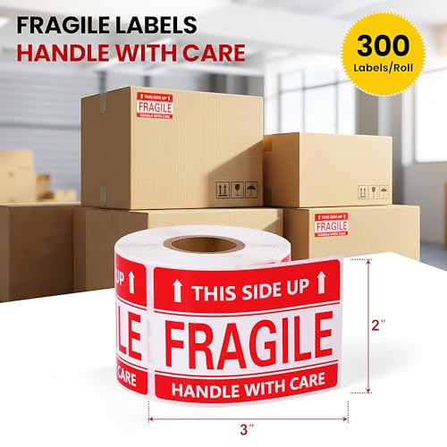 3 × 2 Inch Fragile Stickers Waterproof This Side Up Stickers Strong Adhesive Fragile Labels for Shipping Moving (300 PCS, 1 Roll) - size: 3" × 2", style: 1 Roll-300 PCS This Side Up