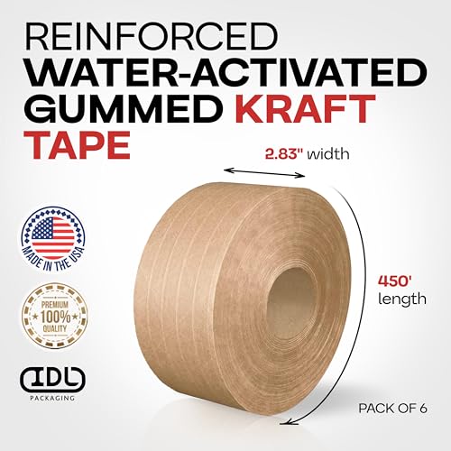 IDL Packaging 2.83" x 450' Water-Activated Kraft Gummed Tape, 30lb (6-Pack) - color: Brown